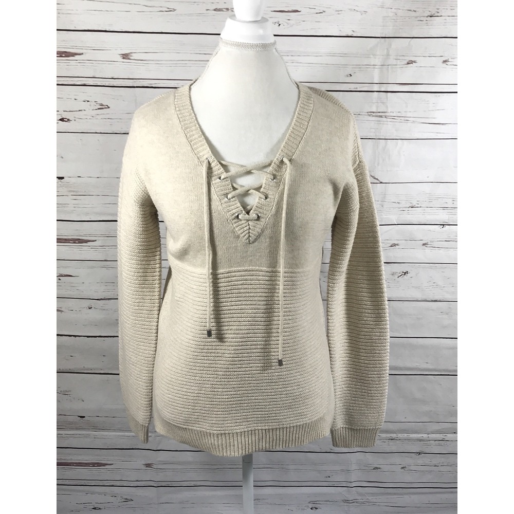 Bebe Sweater Women's Large Beige Wheat Lace Up Tie Bust Long Sleeve NWT